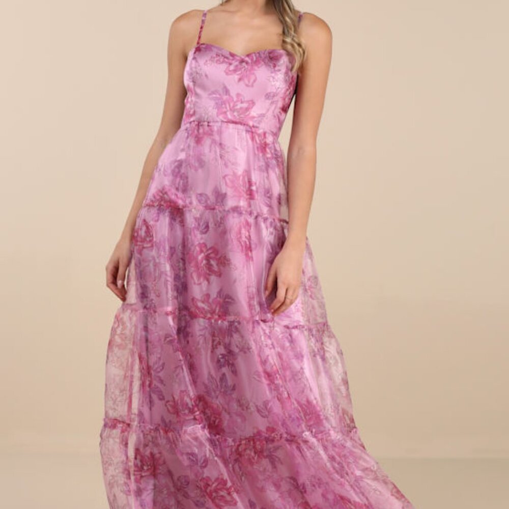 Lulus Exclusive Glamour Pink Floral Organza Tiered Maxi Dress - Size S